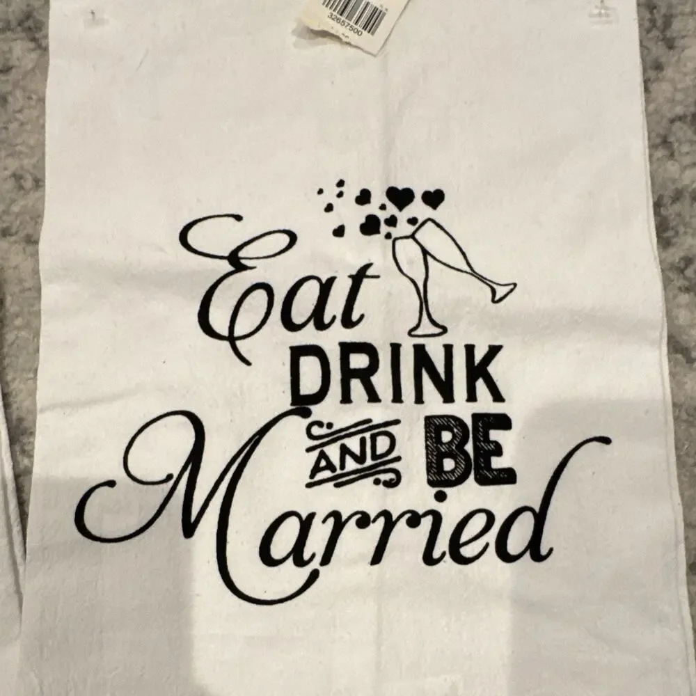 Set of 2 Cotton White Kitchen Tea Towels Wedding Sayings Black Print